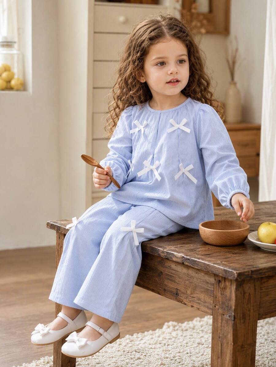 Vintaside Kids Young Girls Multi-Bow Decor Round Neck Top & Wide Leg Split Pants Set, Comfortable Slightly Stretchy Autumn Campus Outfit - Multicolor - View 1