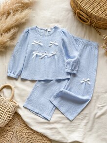 Vintaside Kids Young Girls Multi-Bow Decor Round Neck Top & Wide Leg Split Pants Set, Comfortable Slightly Stretchy Autumn Campus Outfit - Multicolor - View 4