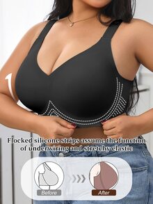 1pc Women Minimalist Comfortable Solid Color Jelly Gel Supportive Non-Removable Cup Wireless Plus Size Bra - Black - View 3