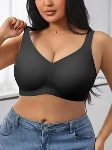 1pc Women Minimalist Comfortable Solid Color Jelly Gel Supportive Non-Removable Cup Wireless Plus Size Bra - Black - View 8