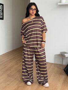 Coolane 女款大尺碼夏秋街頭風可愛休閒正式居家外出辦公舒適黃色棕色條紋露肩T恤寬腿褲套裝 - 摩卡棕 - 查看 6