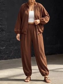 GlowEve CURVE Plus Size Casual Zip-Up Long Sleeve Jacket And Loose Cuffed Pants 2-Piece Set - Brown - View 5