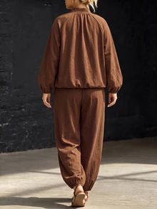 GlowEve CURVE Plus Size Casual Zip-Up Long Sleeve Jacket And Loose Cuffed Pants 2-Piece Set - Brown - View 2
