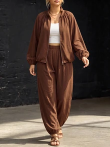 GlowEve CURVE Plus Size Casual Zip-Up Long Sleeve Jacket And Loose Cuffed Pants 2-Piece Set - Brown - View 4
