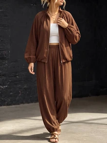 GlowEve CURVE Plus Size Casual Zip-Up Long Sleeve Jacket And Loose Cuffed Pants 2-Piece Set - Brown - View 6