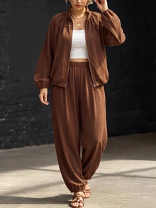 GlowEve CURVE Plus Size Casual Zip-Up Long Sleeve Jacket And Loose Cuffed Pants 2-Piece Set - Brown - View 3
