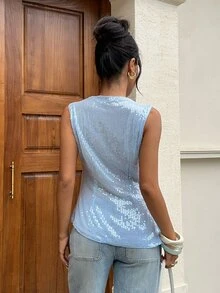 Siren Gaze Atasan Payet Elegan dan Chic Warna Biru Muda Leher Tinggi Tanpa Lengan Blus Berkilau dengan Detail Kerut Pas Badan Cocok untuk Musim Panas dan Musim Dingin Gaya Influencer untuk Beraktivitas di Luar Rumah, Pesta, dan Acara Santai, Atasan Musim Panas - Baby Blue - View 5