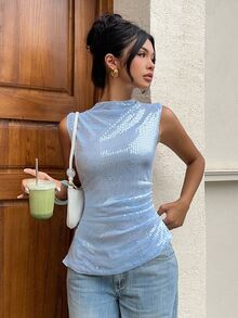 Siren Gaze Atasan Payet Elegan dan Chic Warna Biru Muda Leher Tinggi Tanpa Lengan Blus Berkilau dengan Detail Kerut Pas Badan Cocok untuk Musim Panas dan Musim Dingin Gaya Influencer untuk Beraktivitas di Luar Rumah, Pesta, dan Acara Santai, Atasan Musim Panas - Baby Blue - View 7
