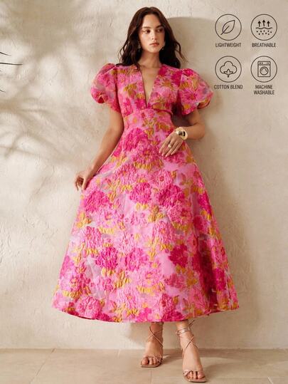 BELROSIE Fuchsia Pink And Gold Jacquard Textured Deep V-Neck Vintage Petal Sleeve Dress,Elegant French Retro Holiday Vacation Summer Holiday Party For Women
