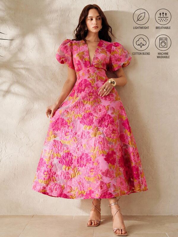 BELROSIE Fuchsia Pink And Gold Jacquard Textured Deep V-Neck Vintage Petal Sleeve Dress,Elegant French Retro Holiday Vacation Summer Holiday Party For Women