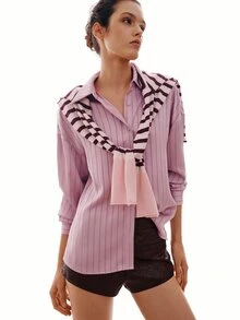 MOTF PREMIUM Französisch gestreiftes lockeres Hemd mit Drop-Shoulder - Violett - Übersicht 8