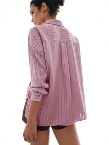 MOTF PREMIUM Französisch gestreiftes lockeres Hemd mit Drop-Shoulder - Violett - Übersicht 7
