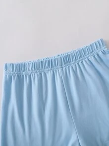 3件組 青少年女孩休閒提花條紋套裝：開襟衫、修身背心與寬鬆短褲 - 藍色 - 查看 2