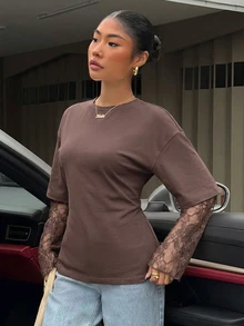 Muchica 女款巧克力棕針織收腰設計對比蕾絲二合一T恤，適合外出、街頭穿搭、Y2K風格服飾，巧克力棕蕾絲袖上衣 - 巧克力棕 - 查看 7