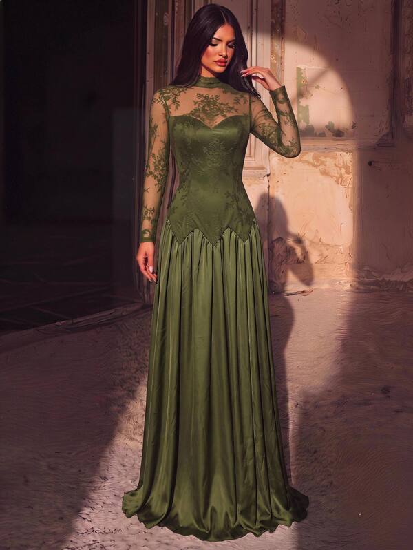 Aureia Elegant Luxe Deep Green Satin A-Line Evening Gown With Illusion Lace High Neck, Sheer Sleeves, Corset Bodice, Scalloped Waist And Full Skirt