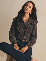 Poéselle Blusa de moda para mujer a rayas de manga larga con abotonadura sencilla, patchwork y volantes, blusa casual para otoño/invierno, atuendo de trabajo, atuendo para salir, blusa marrón
