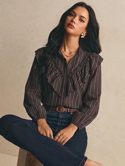 Poéselle Blusa de moda para mujer a rayas de manga larga con abotonadura sencilla, patchwork y volantes, blusa casual para otoño/invierno, atuendo de trabajo, atuendo para salir, blusa marrón