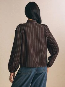 Poéselle 女款條紋長袖單排扣拼接荷葉邊時尚襯衫 秋冬休閒上衣 工作穿搭 外出穿搭 棕色襯衫 - 棕色 - 查看 5