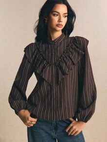 Poéselle 女款條紋長袖單排扣拼接荷葉邊時尚襯衫 秋冬休閒上衣 工作穿搭 外出穿搭 棕色襯衫 - 棕色 - 查看 8