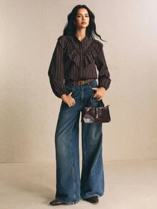 Poéselle 女款條紋長袖單排扣拼接荷葉邊時尚襯衫 秋冬休閒上衣 工作穿搭 外出穿搭 棕色襯衫 - 棕色 - 查看 6
