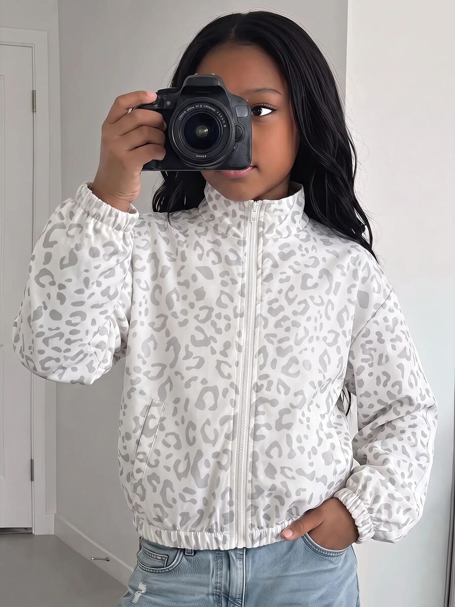 SHEIN Tween Girl Leopard Print Zip Up Coat - Multicolor - View 1