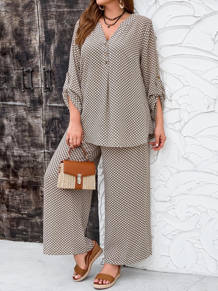 EMERY ROSE 2 Pieces Set Plus Size Women Casual Plaid Print Long Sleeve Loose Shirt & Pants Set,Navy And White,Autumn,Boho,Vacation Outfits,Business Casual,Simple - Multicolor - View 3