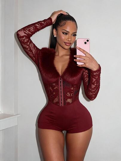 Amplova Faux Fur Deep V-Neck Princess Seam Waist-Cinching Split Women's Fitted Mini Bodycon Jumpsuit Bell Sleeves Night Out Party Club Burgundy Sexy
