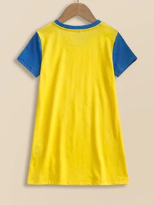 SpongeBob SquarePants | SHEIN Young Girl Colorblock Patchwork Cartoon Print Dress Loungewear - Yellow - View 2