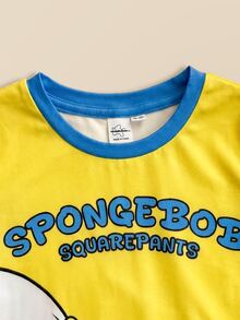 SpongeBob SquarePants | SHEIN Young Girl Colorblock Patchwork Cartoon Print Dress Loungewear - Yellow - View 3