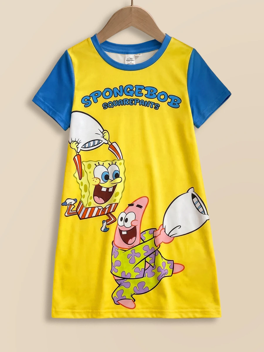 SpongeBob SquarePants | SHEIN Young Girl Colorblock Patchwork Cartoon Print Dress Loungewear - Yellow - View 1