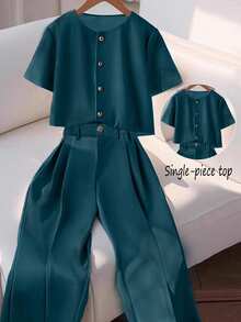 Franclia Fashionable High-End Round Neck Short Sleeve Button-Up Blouse For Women - Dusty Blue - View 5