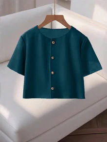 Franclia Fashionable High-End Round Neck Short Sleeve Button-Up Blouse For Women - Dusty Blue - View 4