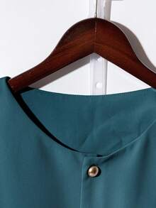 Franclia Fashionable High-End Round Neck Short Sleeve Button-Up Blouse For Women - Dusty Blue - View 8