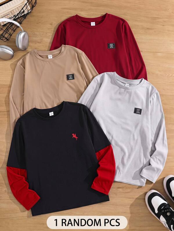 SHEIN Little Byeori تي شيرت طويل الأكمام بياقة دائرية بأسلوب كاجوال جامعي ريترو للأطفال والفتيان المراهقين، ملابس الخريف، ملابس الشتاء، تي شيرت مخطط فضفاض، مناسب للربيع والصيف والخريف والشتاء والمدرسة والتجمعات العائلية والرياضة وحفلات أعياد الميلاد