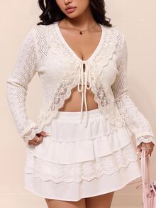 CovetEZ 大尺碼女款蕾絲拼接休閒百搭日常開襟衫 - 米色 - 查看 3