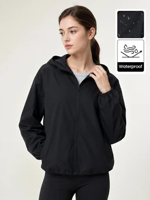 SHEIN BASICS 女款休閒運動風百搭黑色連帽外套，適合路途旅行、日常外出、旅遊、登山、露營、秋季健身房穿著 - 黑色 - 查看 8
