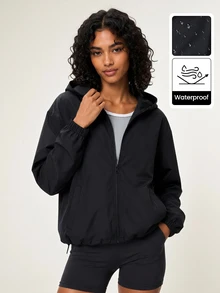 SHEIN BASICS 女款休閒運動風百搭黑色連帽外套，適合路途旅行、日常外出、旅遊、登山、露營、秋季健身房穿著 - 黑色 - 查看 9