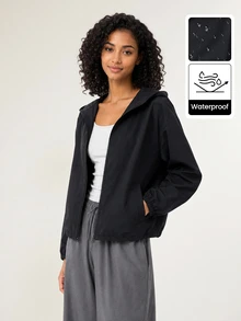 SHEIN BASICS 女款休閒運動風百搭黑色連帽外套，適合路途旅行、日常外出、旅遊、登山、露營、秋季健身房穿著 - 黑色 - 查看 6