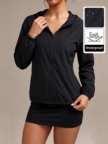 SHEIN BASICS 女款休閒運動風百搭黑色連帽外套，適合路途旅行、日常外出、旅遊、登山、露營、秋季健身房穿著 - 黑色 - 查看 4