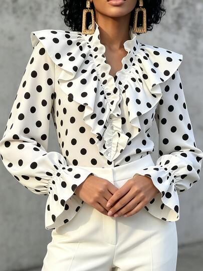 Eryvara Women's New Elegant Ruffle Puff Sleeve Polka Dot Long Sleeve Blouse, Commute Wear, Daily Wear, Date Wear