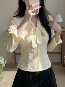 DAZY 純色綁帶領鈕扣前襟襯衫 辦公室茶會黃色夏季法式優雅 - 白色 - 查看 7