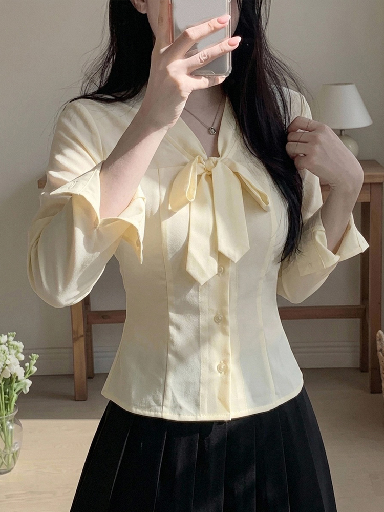 DAZY Solid Tie Neck Button Through Blouse - White - View 7