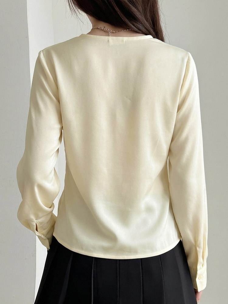 DAZY Solid Tie Neck Button Through Blouse - White - View 2