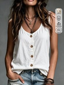 Omancia Women's Linen V-Neck Button Top, Loose Sleeveless Slimming Versatile Linen Top, Casual Summer Daily Outfit - White - View 1