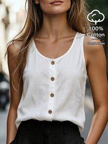 Omancia Women's Linen V-Neck Button Top, Loose Sleeveless Slimming Versatile Linen Top, Casual Summer Daily Outfit - White - View 3