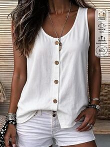 Omancia Women's Linen V-Neck Button Top, Loose Sleeveless Slimming Versatile Linen Top, Casual Summer Daily Outfit - White - View 5