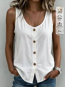 Omancia Women's Linen V-Neck Button Top, Loose Sleeveless Slimming Versatile Linen Top, Casual Summer Daily Outfit - White - View 6