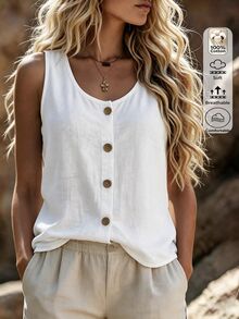 Omancia Women's Linen V-Neck Button Top, Loose Sleeveless Slimming Versatile Linen Top, Casual Summer Daily Outfit - White - View 7