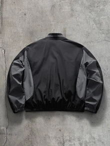 AXEPEAK Men's Letter Pattern Contrast Color Long Sleeve Zip-Up Half-Placket Casual Jacket - Black - View 2