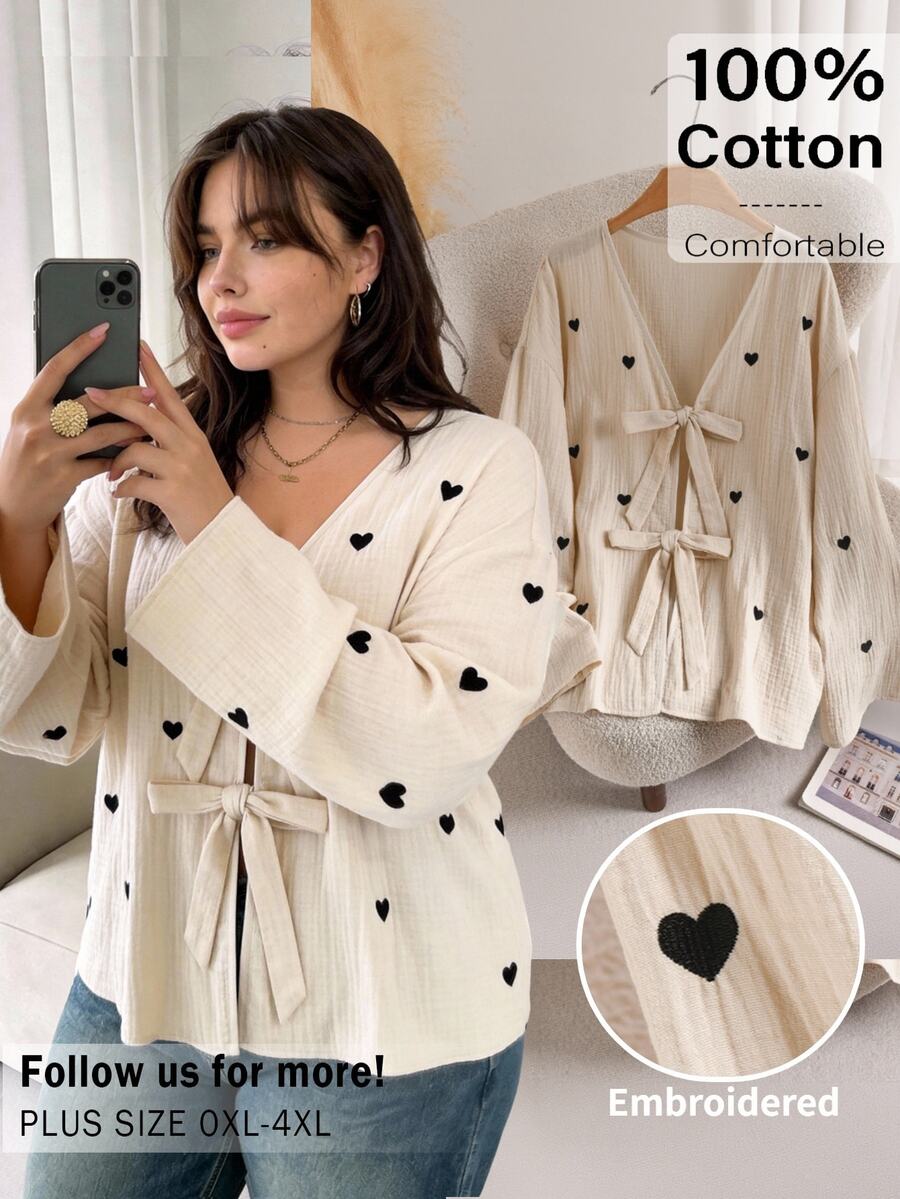 CosyJoli 大尺碼女款愛心印花休閒百搭日常出門襯衫 休閒外出上衣 休閒辦公商務工作襯衫 秋冬